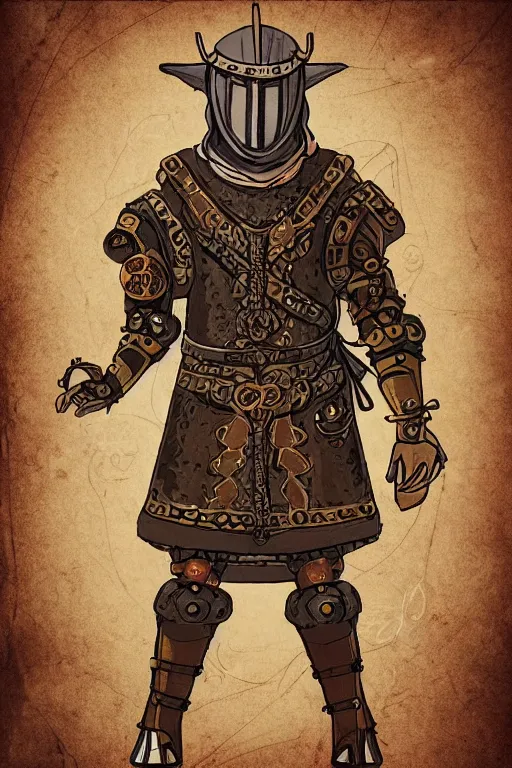 Prompt: beautiful calm bright ai generated fullbody character illustration of a medieval timetraveller highpriest in ornated wooden armor and decorated sacred outfit and heavily equipped with steampunk cyberwares. rendered by machine.delusions. inspired by: @machine.delusions on instagram. Slightly reminds to ghibli studio style. Fullbody portrait uncut centered cinematic, dramatic pose