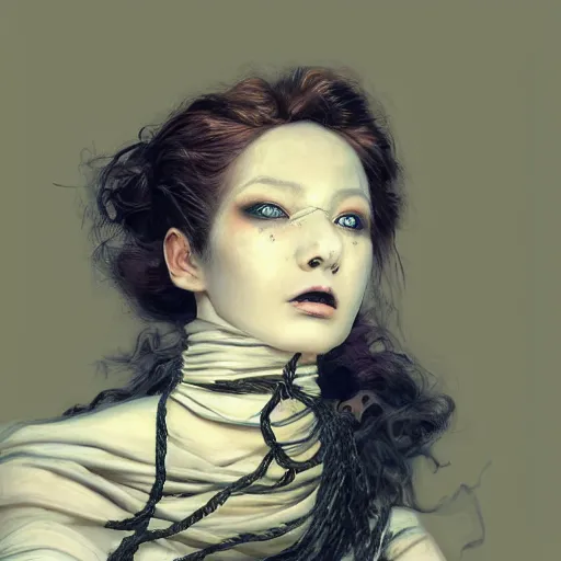 Image similar to portrait of a Shibari rope wrapped face and neck, headshot, insanely nice professional hair style, dramatic hair color, digital painting, of a old 18th century, tourist, witch, amber jewels, baroque, ornate clothing, scifi, realistic, hyper detailed, child, chiaroscuro, concept art, art by Franz Hals and Jon Foster and Ayami Kojima and Amano and Karol Bak,