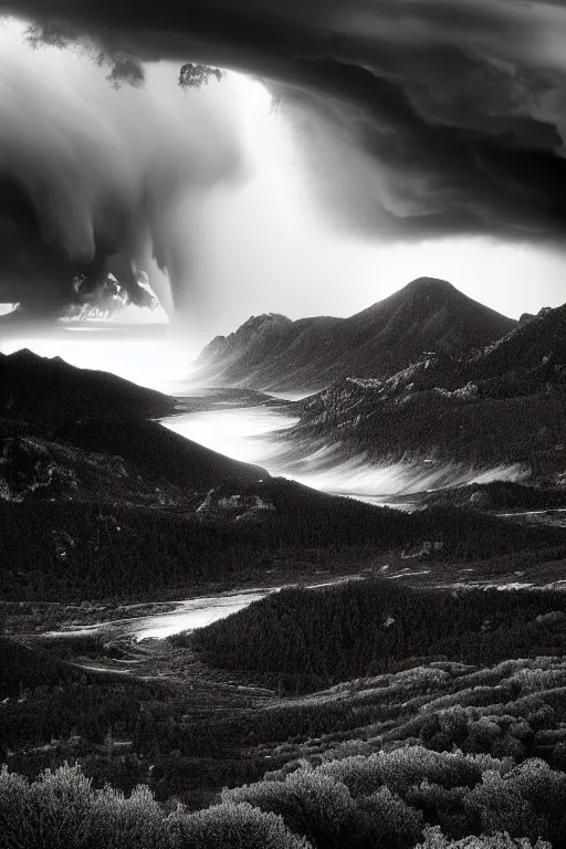Prompt: a stunning landscape by ansel adams, stormy weather, extreme detail photo quality, dark moody colors, featured on behance