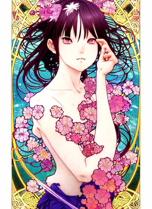 Image similar to exquisite imaginative manga portrait art of vampries girl, flowers, pearlescent, shimmering, reflective, rim light, clear face, detailed background, by kojima ayami, shigenori soejima, minaba hideo, alphonse mucha, art nouveau, illustration, pivix, concept art, highly detailed, colorful, maximalist