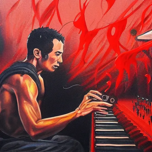 Prompt: beautiful painting of a ninja warrior playing a synthesizer in a music studio with red liquid coming out of the studio monitor speakers