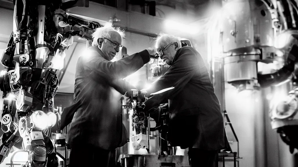 Image similar to bernie sanders putting the finishing touches on a complex magical clockwork doomsday robot, black and white photo, cinematic moody lighting, sharp focus
