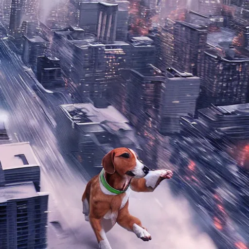 Prompt: gigantic 1 0 0 meters beagle dog attacking a city, epic cinematic, 4 k, very high detail