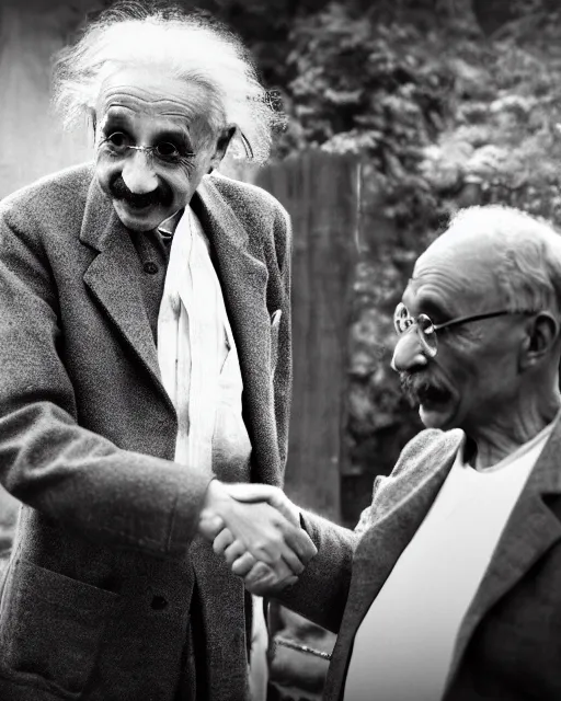 Image similar to A photo of Albert Einstein shaking hands with Mahatma Gandhi, highly detailed, trending on artstation, bokeh, 90mm, f/1.4