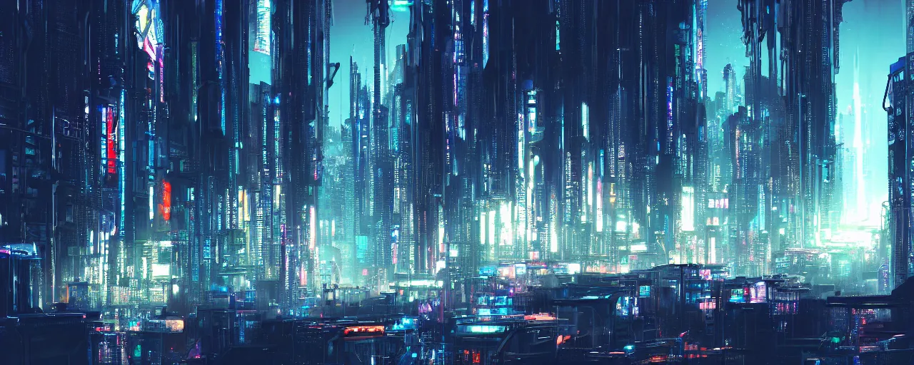 Image similar to A cyberpunk setting, by Tokujin Yoshioka, landscape, dramatic lighting, high contrast colors, panoramic view, as trending on Artstation, highly detailed,