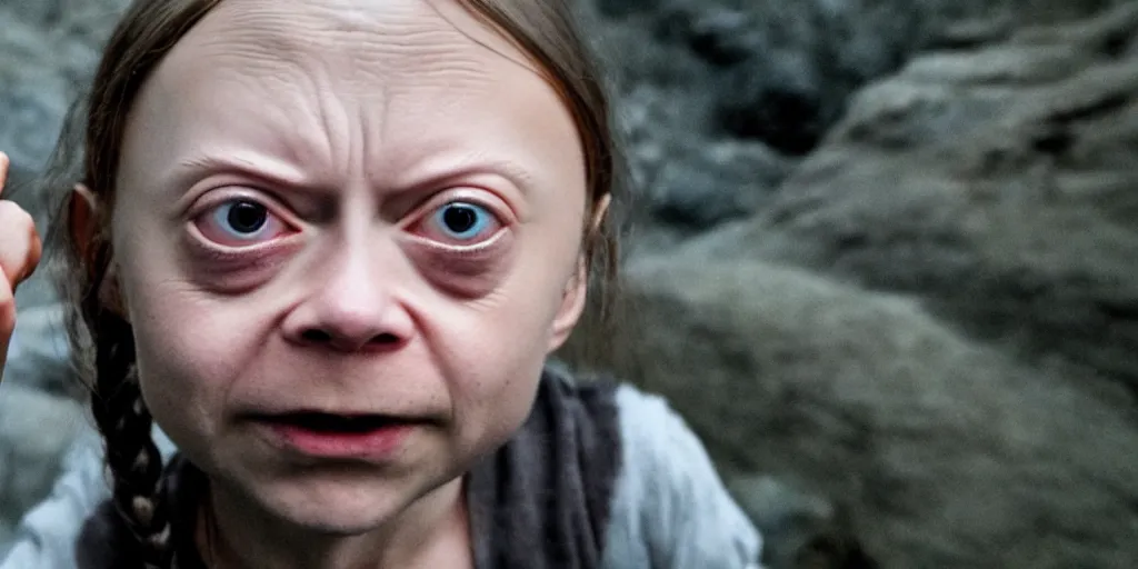 Image similar to greta thunberg as gollum, holding the ring up,!!! my precious!!!, big wide open eyes, creepy smile, inside a cave, fog, dark cinematic, moonlight, still shot from the new lord of the rings movie