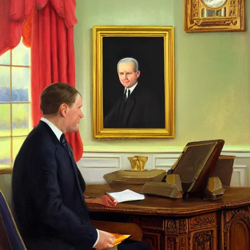 Image similar to senator armstrong sitting in oval office, oil painting, presidential portrait