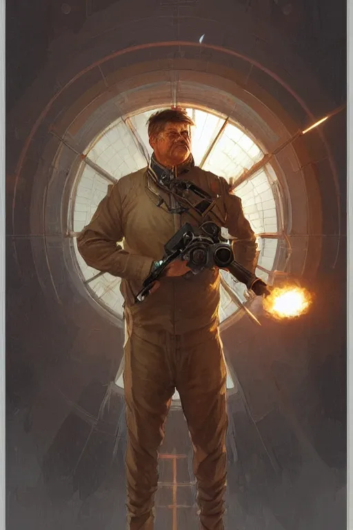 Image similar to a middle aged man as an artillery shell, realistic painting, symmetrical, highly detailed, digital painting, artstation, concept art, smooth, sharp focus, illustration, cinematic lighting, art by artgerm and greg rutkowski and alphonse mucha