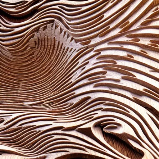 Image similar to a very intricate wood sculpture in the shape and texture of waves, fractal patterns, deep and expressive grain patterns, volumetric lighting, light rays, photorealistic, ultrarealistic, coronarender, 8k