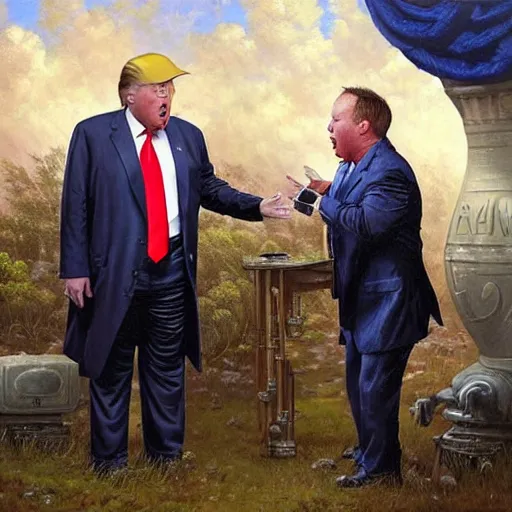 Image similar to portrait of donald trump and alex jones arguing, an oil painting by ross tran and thomas kincade