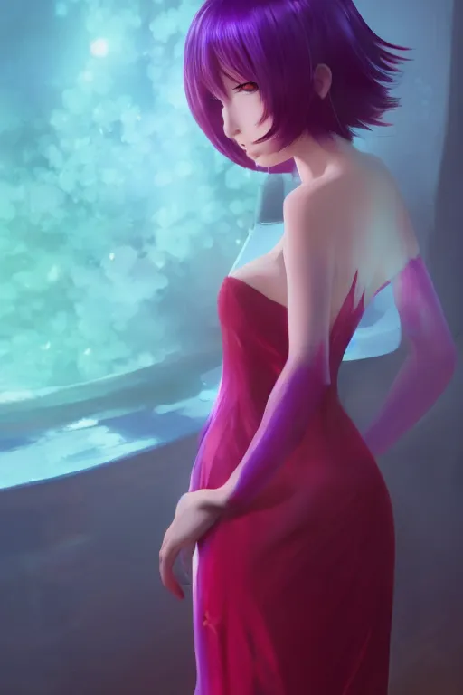 Image similar to 4k centered detailed portrait of a beautiful intimate woman with long purple cosmic hair and a beautiful red dress, by ilya kuvshinov and ross tran. Anime, volumetric lighting