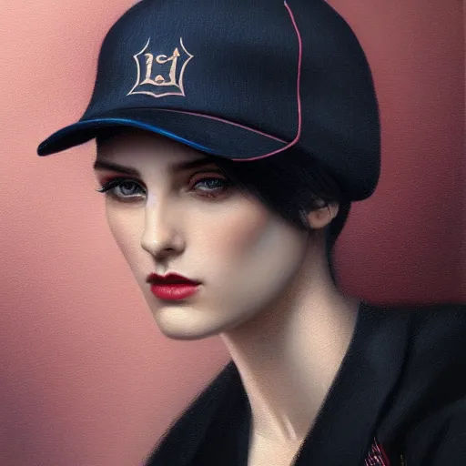 Image similar to tom bagshaw portrait, beautiful portrait of a woman with angel eyes in a suit, hair under a baseball cap, professionally retouched, focus eyes, ultra realistic soft painting, insanely detailed linework, symmetrical accurate intricate features, behance, 8 k