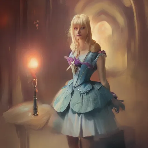 Prompt: closeup portrait of alice in wonderland, dramatic lighting, city background, chiaroscuro, high detail, painted by greg rutkowski, painted by igor kieryluk, painted by bobby chiu, trending on artstation