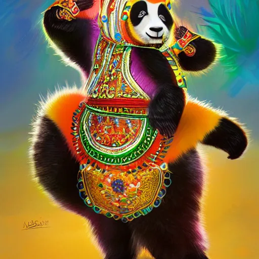 Prompt: a panda bear in intricate, colorful belly dancing garb, belly dancing on a Mediterranean stage, full body shot, realistic fur, elegant, highly detailed, digital painting, smooth brushwork, sharp focus, concept art, artstation, art by nick silva and RHADS,