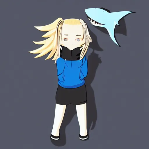 Image similar to a blonde girl in a black hoodie holding a blue-shark-stuffed-animal, anime style digital art