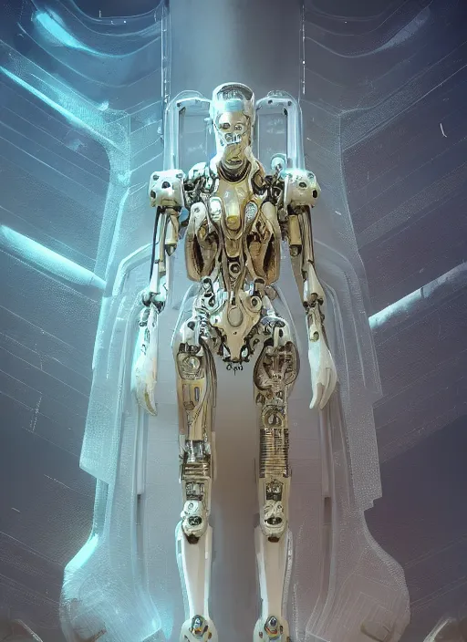 Image similar to benevolent cyborg necromancer, scifi, futuristic, helpful, kind, intelligent, alien room background, white, blue, gold, highly detailed, trending on artstation, soft light, holy machine, advanced technology, art by vitaly bulgarov and nivanh chanthara