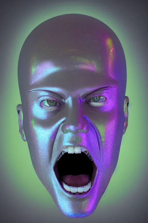 Image similar to 3d render of holographic angry human robotic screaming angry bust made of glossy iridescent, screaming, bust, surrealistic 3d illustration of a human non-binary, non binary model, 3d model human, cryengine, made of holographic texture, holographic material, holographic rainbow, concept of cyborg and artificial intelligence