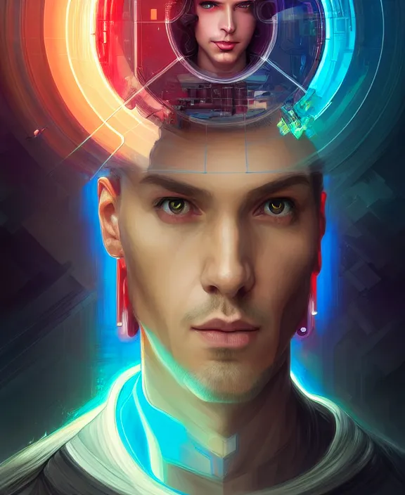 Image similar to a whirlwind inside the metaverse, guy, male, man, hologram, half body, neurochip, android, cyborg, cyberpunk face, by loish, d & d, fantasy, intricate, elegant, highly detailed, colorful, digital painting, artstation, concept art, art by artgerm and greg rutkowski and alphonse mucha