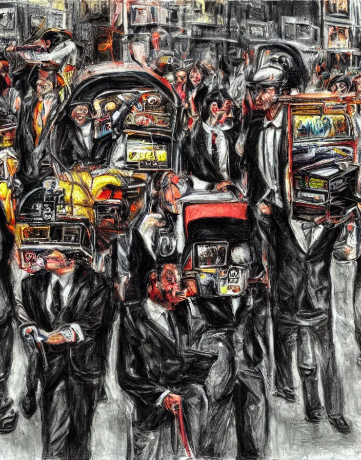 Image similar to 1970s midget street performers dressed in suits with cart tvs on their head, conteporary art show, photorealistic, expressionism, masterpiece, perfect composition, hyperrealistic, spectacular quality, intricate oil pastel glow, dynamic lighting, photorealistic, ambient lighting, atmospheric, stunning visuals, creative, cinematic, ultra detailed, trending on art station