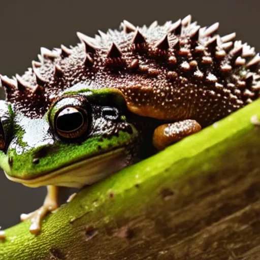 Prompt: a frog covered with hedgehog spikes, 4k photography