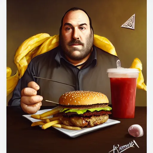 Image similar to portrait of James Gandolfini eating hamburgers, french fry background, extra onions and ketchup, luscious patty with sesame seeds, feminine ethereal, handsome, D&D, fantasy, intricate, elegant, highly detailed, digital painting, artstation, concept art, matte, sharp focus, illustration, art by Artgerm and Greg Rutkowski and Alphonse Mucha