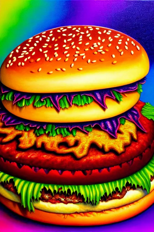 Image similar to a photorealistic painting of an isometric hamburger monster by johfra bosschart, lisa frank, dark fantasy art, high detail, trending on artstation