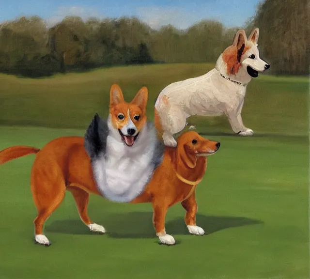 Image similar to oil painting of queen elizabeth riding a corgi like a horse across the lawn of buckingham palace