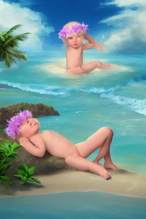 Prompt: digital matte fantasy dreamy beachscape, artstation, behance, 8 k by anne geddes