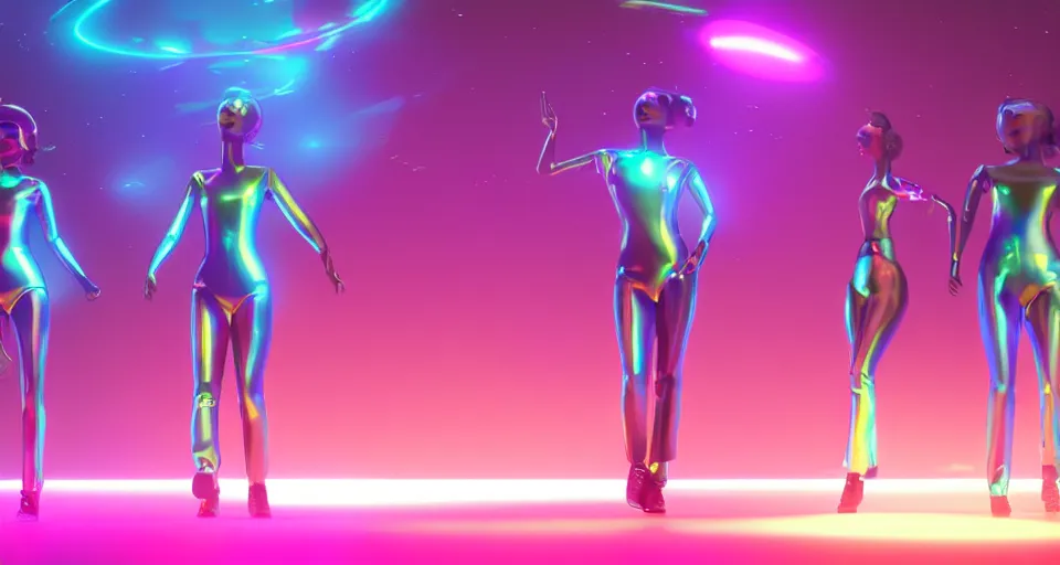 Prompt: dancing holographic girls, futuristic, silhouette, in the style of Pixar animation, very low angle view, 16mm lens, award winning, hyper detailed, dramatic lighting, artstation, octane renderer, unreal engine