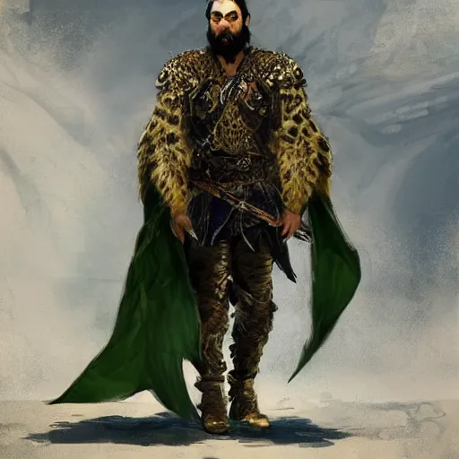 Prompt: Half body shot of a king with a trimmed beard, dual wielding swords, wearing green dragonscale armor and a cheetah pelt cloak, fantasy, digital art by Ruan Jia