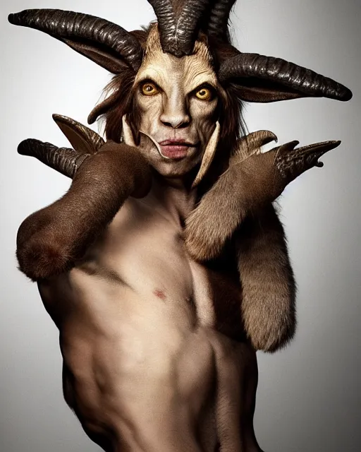 Image similar to actor Mick Jagger in Elaborate Pan Satyr Goat Man Makeup and prosthetics with large goat ears designed by Rick Baker, Hyperreal, Head Shots Photographed in the Style of Annie Leibovitz, Studio Lighting