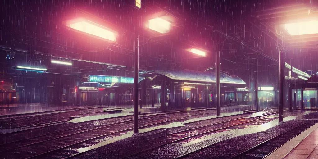 Prompt: !Train station!, futuristic bladerunner, trains, cyberpunk, train station in the rain at night, volumetric lighting, 4K, Spherical, Panorama, RealityEngine, PhotoRender, hyperdetailed, cinematic