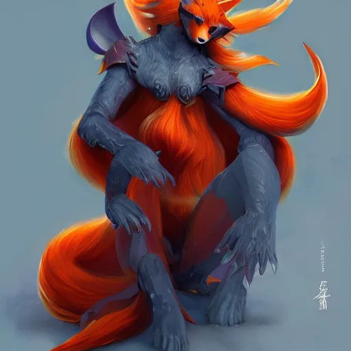 Prompt: A full-length portrait of a beautiful firefox with nine tails， full of details, concept art, smooth, by Kittichai Rueangchaichan and wlop ，trending on cgsociety and artstation，8kHDR，light effect