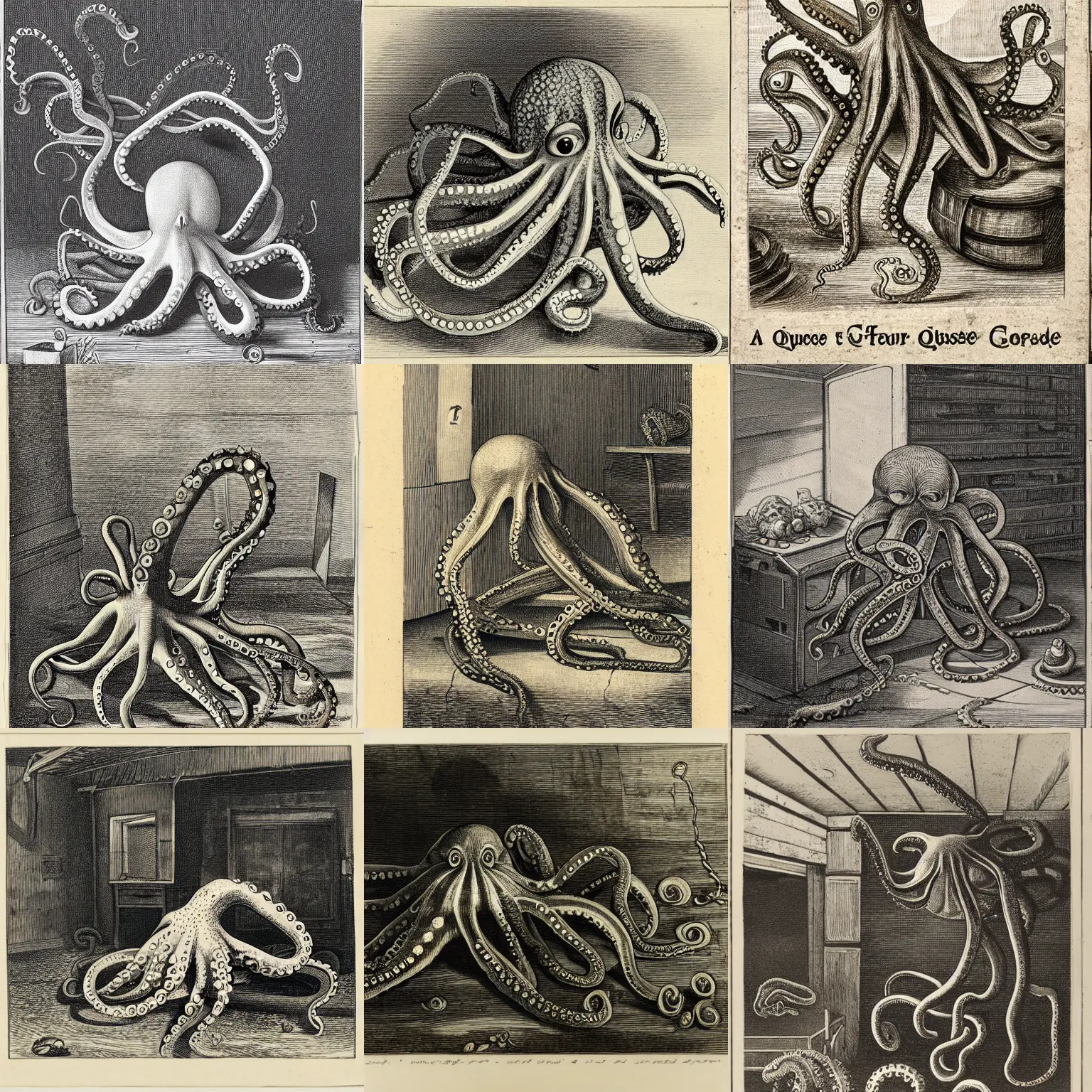 Prompt: an octopus lost in a garage, engraving