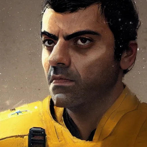 Prompt: portrait of a man by greg rutkowski, he looks like oscar isaac, star wars expanded universe, he is about 3 0 years old, wearing yellow and black starfighter pilot uniform from the galactic triunvirate.