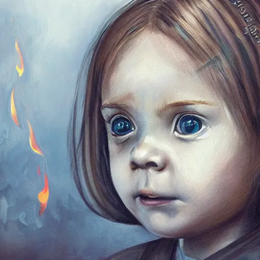 Image similar to detailed portrait of big - eyed nordic sweet little girl looking sad in front of burning house, artistic 4 k, trending on artstation, masterpiece