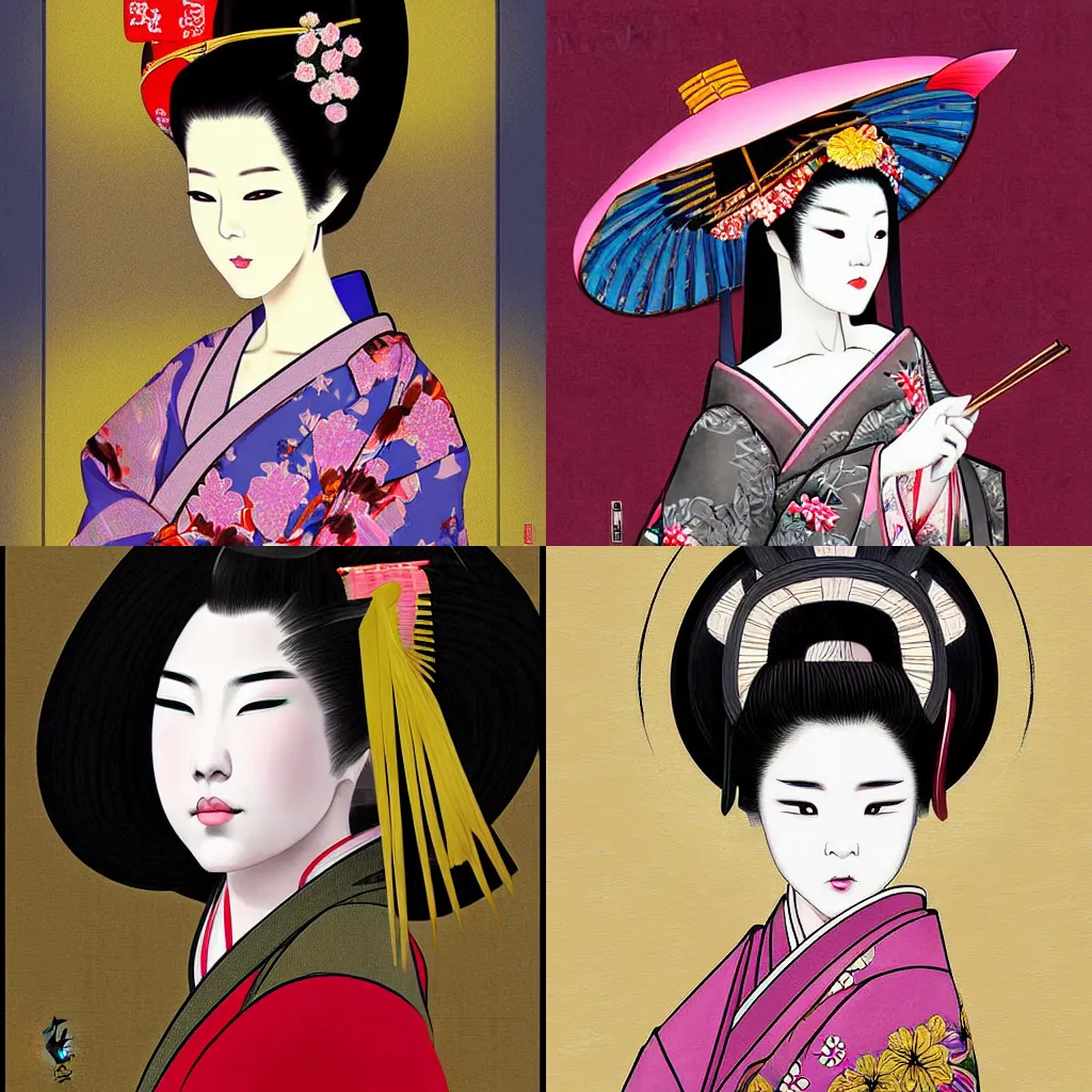 Prompt: digital painting of a beautiful geisha by takayuki takeya