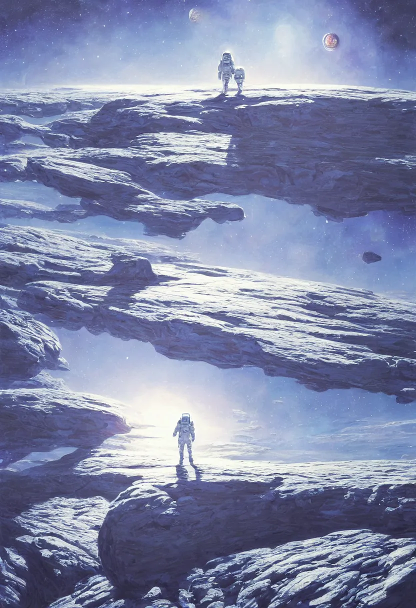 Image similar to an epic painting of a futuristic solitary astronaut walking along an airless icy planet in the endless starry night of space, unreal 5, DAZ, detailed, soft focus, brilliant, 4k, 8k, HD, trending on artstation, art by Rick Guidice painting by Robert McCall by John Harris, abstract