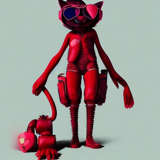 Prompt: an anthropomorphic cat wearing red-tinted heart sunglasses, fullbody, character concept on artstation, cyberpunk