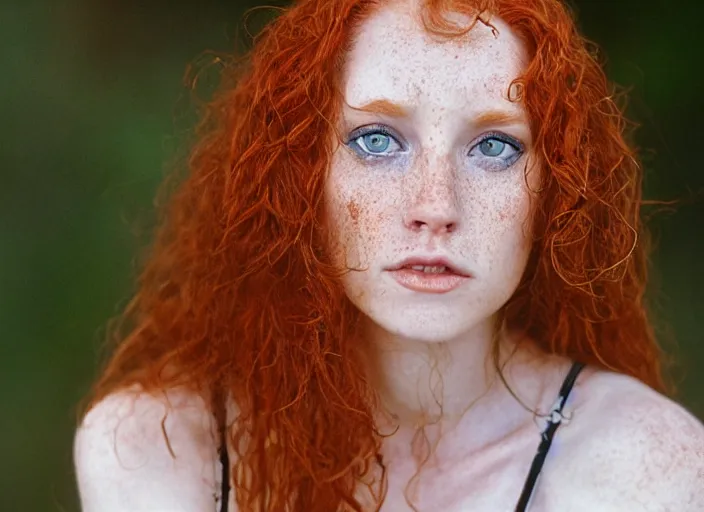 Image similar to award winning 8 5 mm close up face portrait photo of a redhead with wavy long hair and freckles in a park by luis royo.