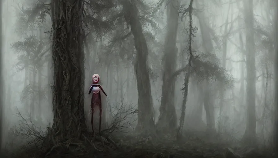 Prompt: a single lonely scared dollpunk female hiding in a eerie foggy forest, detailed, omnious atmosphere, symmetry body features, award winning, by Tom Bagshaw