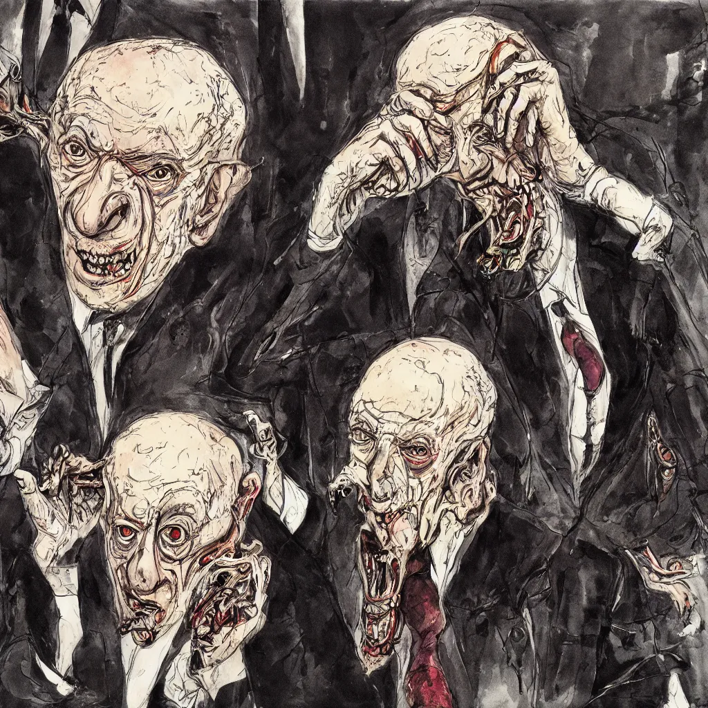 Image similar to Jacob Rothschild by Ralph Steadman, illustration, body horror, biopunk, 8k , trending on artstation