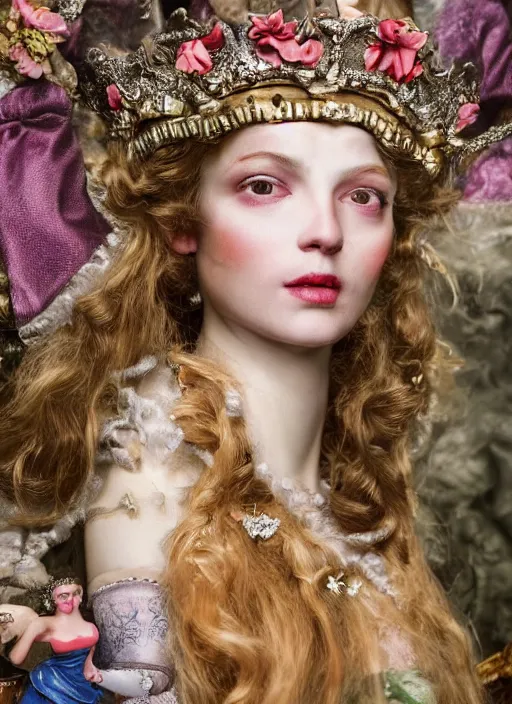 Image similar to closeup medieval otto dix face portrait of a fairytale princess wearing a crown eating cakes in the castle, bikini, depth of field, zeiss lens, detailed and intricate environment, fashion photoshoot by nicoletta ceccoli, mark ryden, lostfish, breathtaking, 8 k resolution, extremely detailed, beautiful, establishing shot, artistic, hyperrealistic, octane render