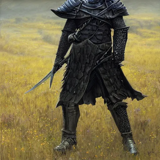 Prompt: Dark Souls Knight standing in a field, candid, fantasy character portrait by Donato Giancola, Craig Mullins