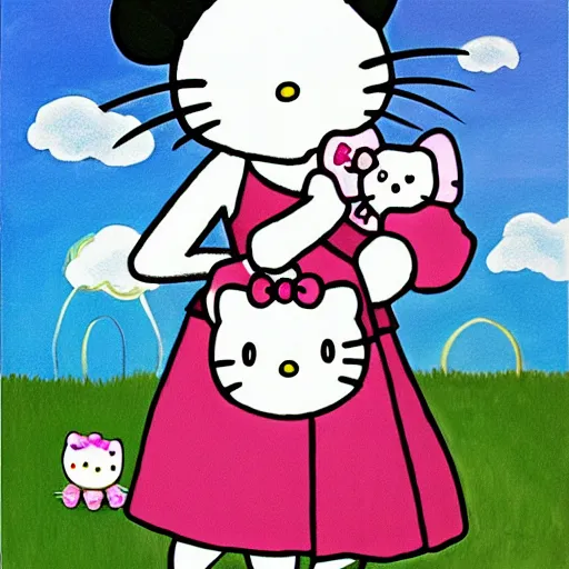 Prompt: painting of hello kitty and cinnamoroll and kuromi and my melo playing outside on a sunny day, by yoko shimizu, by sanrio