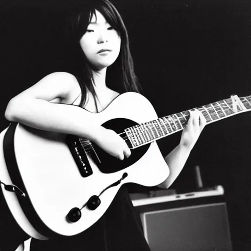 Image similar to a black and white photograph of a female japanese artist playing an electric guitar