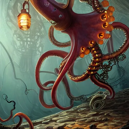 Prompt: fantasy steampunk giant Squid with tentacles frantically playing a big rock&roll drum set in the spotlight undersea dystopian photorealistic, by Philipp A. Urlich and Pengzhen Zhang and Andreas Rocha, fantasy, intricate, elegant, highly detailed, digital painting, artstation, blender, unreal engine 5, octane render, smooth, sharp focus, illustration