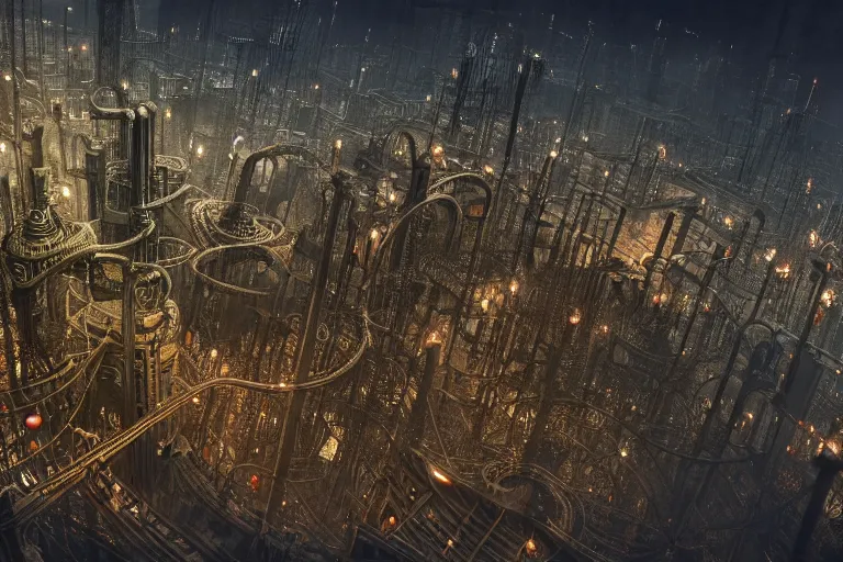 Image similar to an elaborate penned illustration of a apocalyptic intricate connected city of tubes and pipes, by jan van haasteren and jheronimus bosch, unreal engine, physically based rendering, ariel view, tilt - shift, grim, moody, cinematic