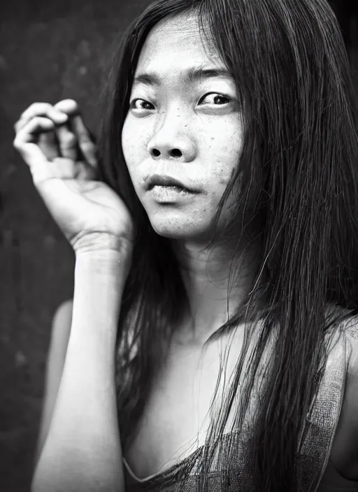 Image similar to Mid-shot portrait of a beautiful woman in her 20s from Indonesia, with long hair, candid street portrait in the style of Martin Schoeller award winning, Sony a7R