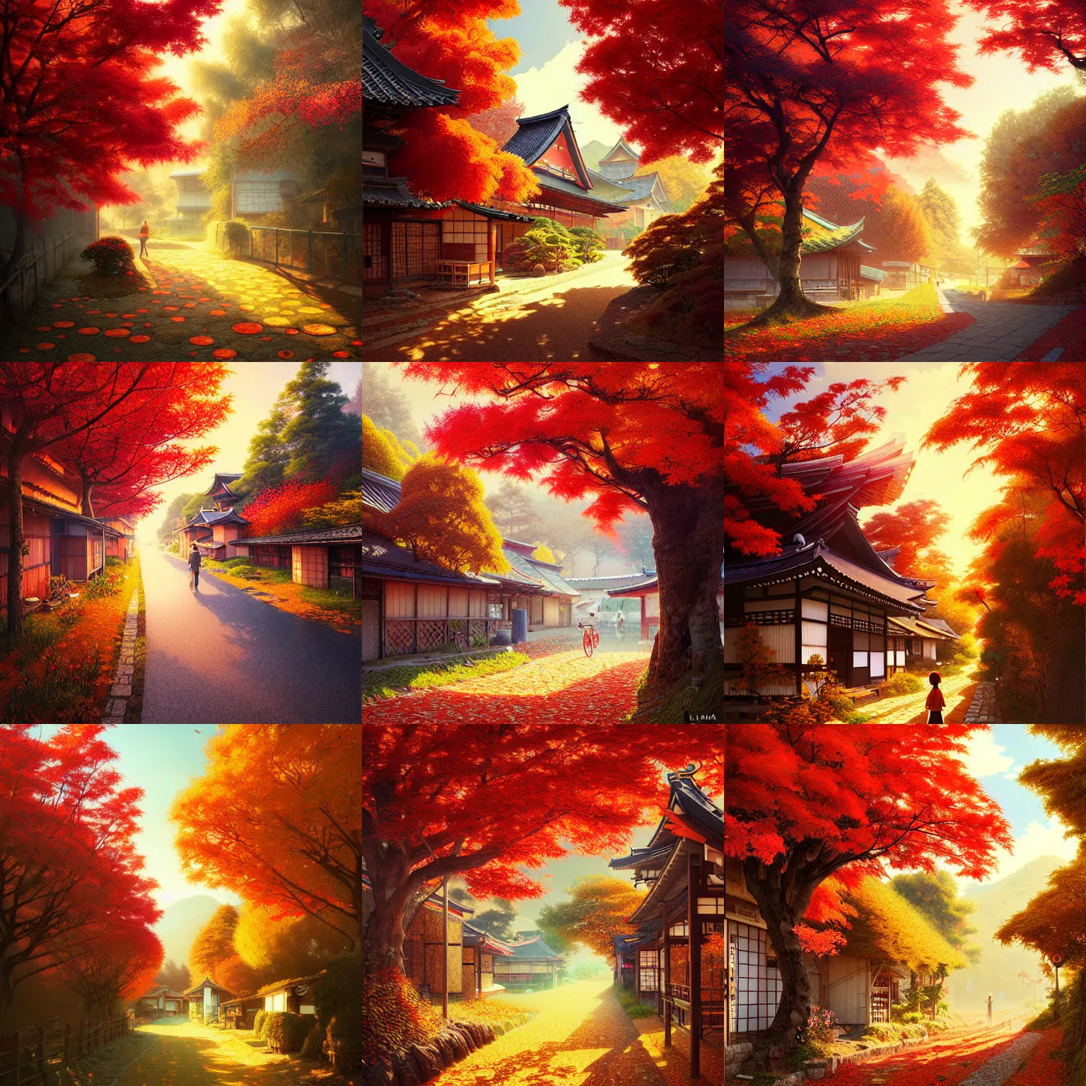 Prompt: japanese rural town, autumn, path traced, highly detailed, high quality, digital painting, alena aenami, lilia alvarado, shinji aramaki, karol bak, alphonse mucha, tom bagshaw